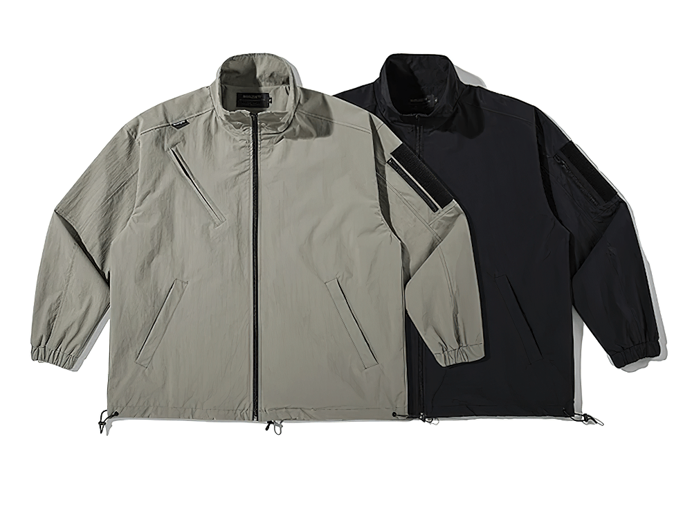 Men's loose fit stand collar work jackets in gray and black with zippered closure and pockets, ideal for outdoor activities.