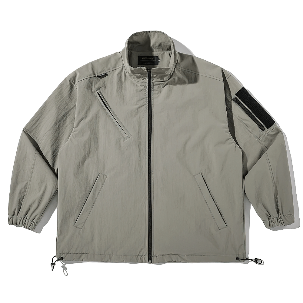 Men’s loose fit stand collar work jacket SF2264 in gray, featuring zippered closure, pockets, and hooded design for functional style.