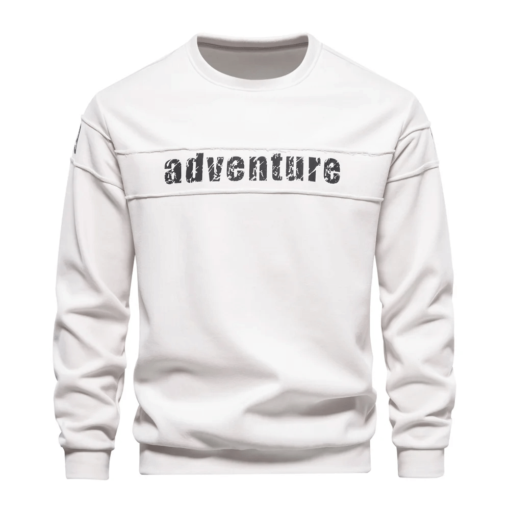 Men's patchwork adventure print crewneck sweatshirt SF2531 with bold 'adventure' graphic. Fashionable pullover for casual wear.