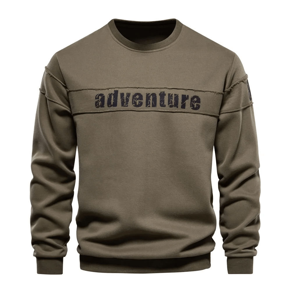 Men's patchwork adventure print crewneck sweatshirt with 'adventure' graphic, stylish design and soft, breathable fabric for everyday wear.