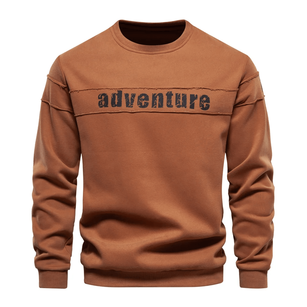 Men's patchwork adventure print crewneck sweatshirt in brown. Stylish graphic pullover with O-neck design for casual wear. SF2531.