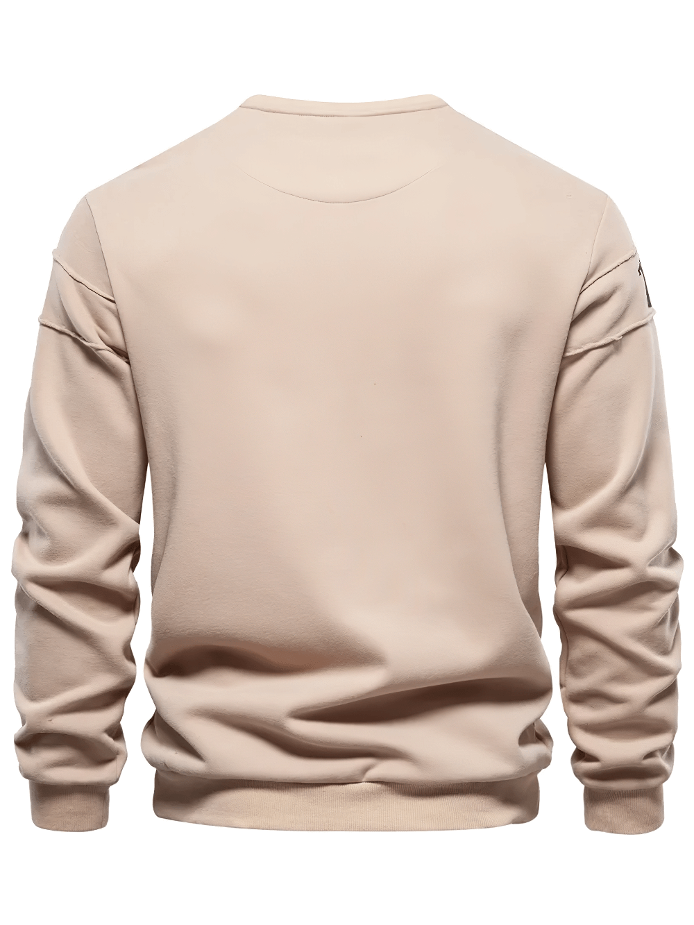 Back view of men's patchwork adventure print crewneck sweatshirt in beige, featuring sporty and casual design. Perfect for fashion-forward wear.