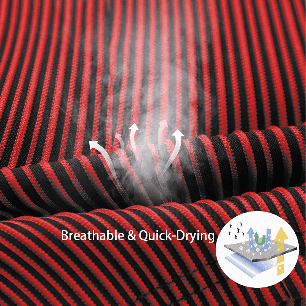 Close-up of breathable red and black striped fabric showcasing quick-dry technology with arrows indicating moisture-wicking features.