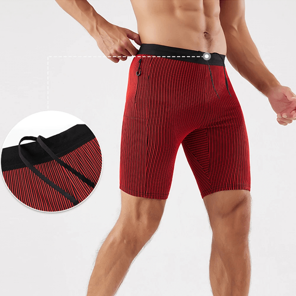 Men's red striped swim trunks with black waistband and drawstring, showcasing quick-dry feature and stylish pocket design.