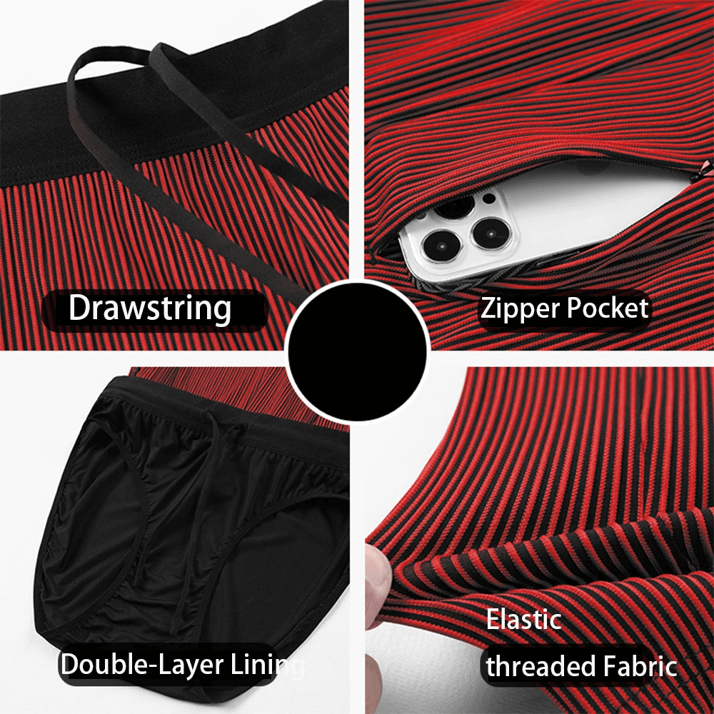 Close-up of red and black striped swim trunks featuring a drawstring, zipper pocket, double-layer lining, and elastic threaded fabric.