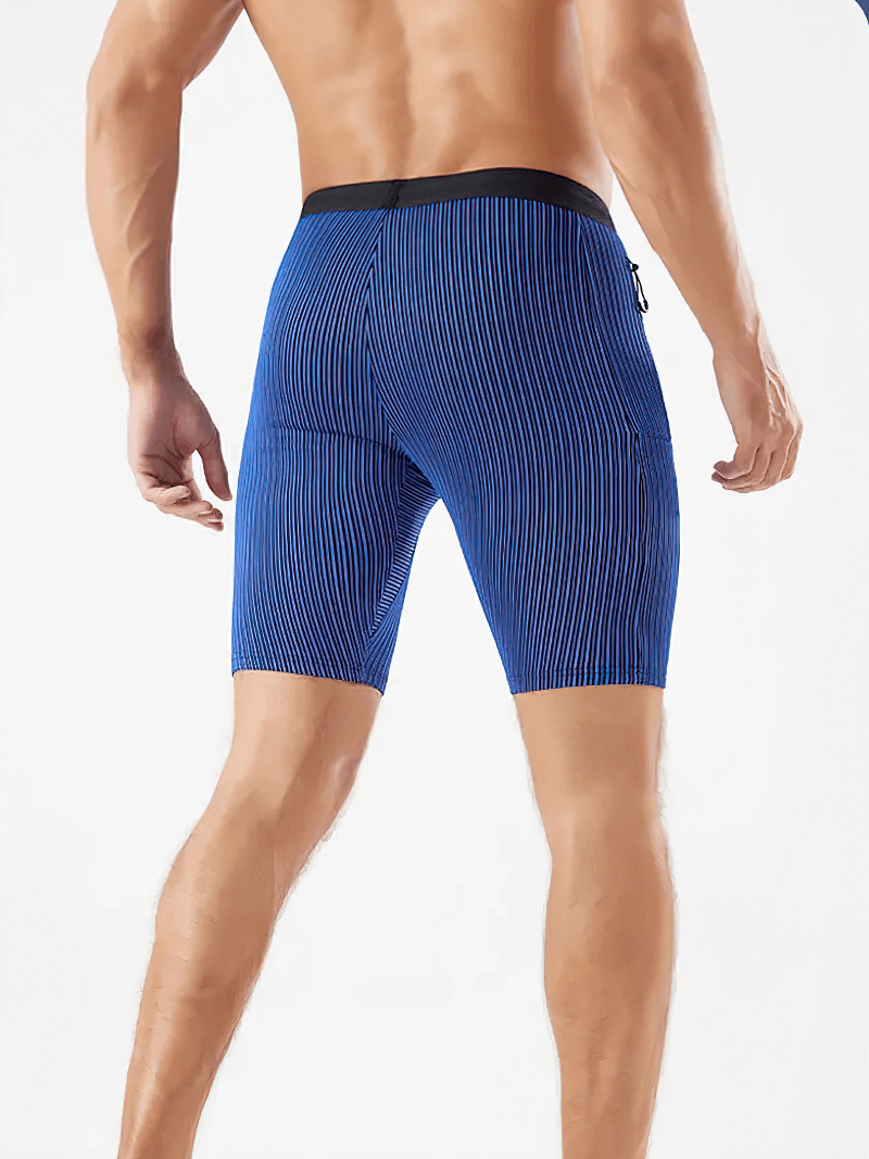 Men's blue striped quick-dry swim trunks with pocket, water-resistant design showcasing craftsmanship and style, back view.