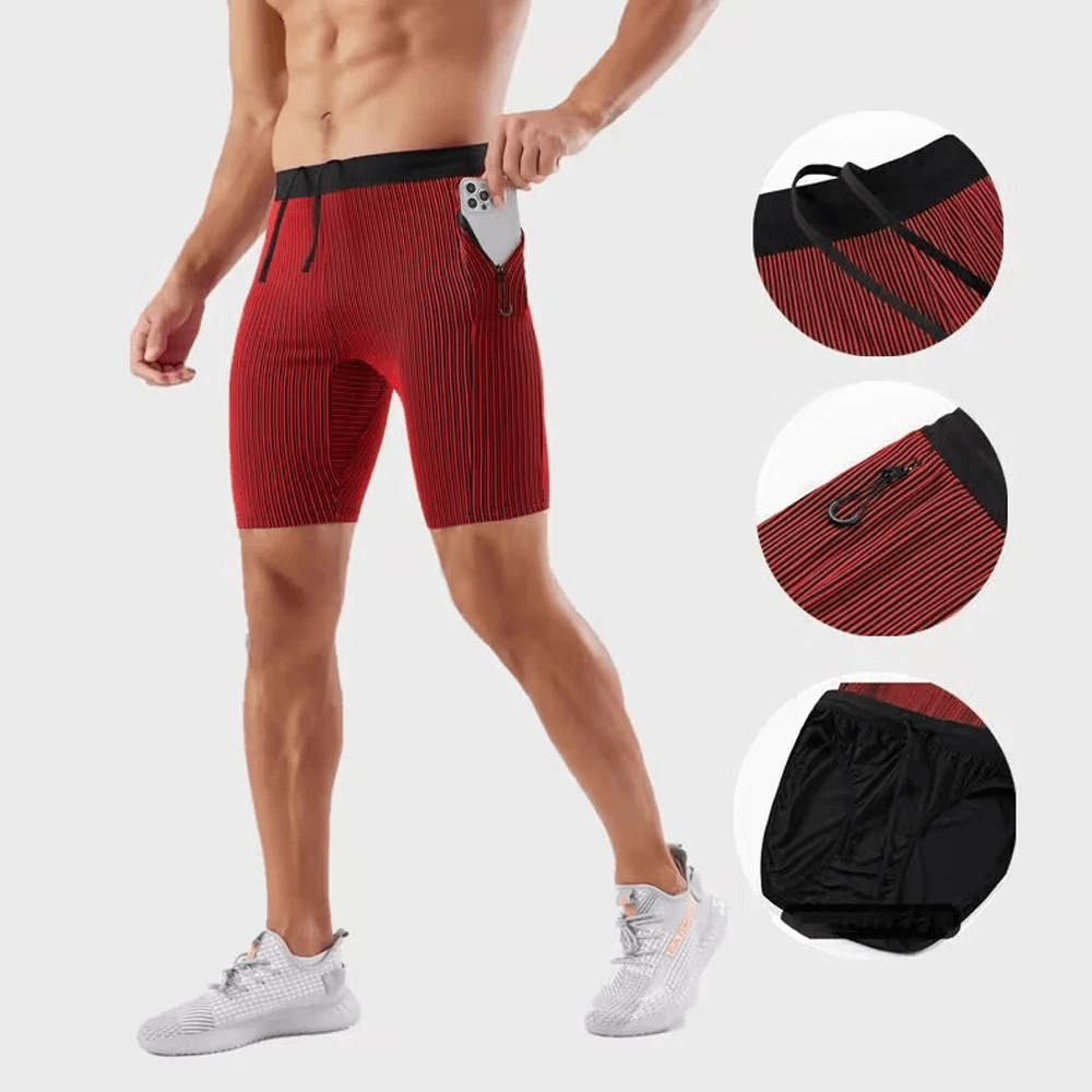 Red striped men’s quick-dry swim trunks with pocket, featuring a phone in the pocket and close-up details of stitching and lining.