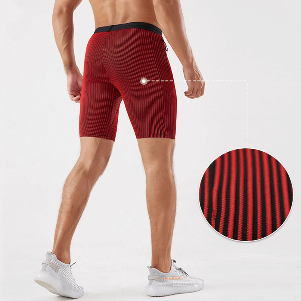 Back view of men's red and black striped quick-dry swim trunks with pocket, showcasing style and water-resistant fabric detail.