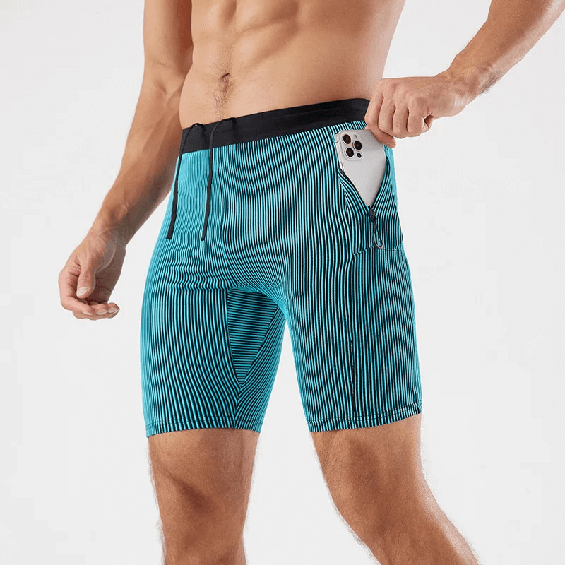 Men's blue striped quick-dry swim trunks with convenient pocket and phone, ideal for stylish water-resistant beachwear.