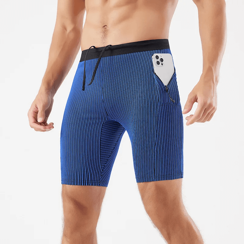 Men's Quick-Dry Striped Swim Trunks with Pocket in blue, featuring a sleek design and convenient storage, perfect for stylish summer adventures.