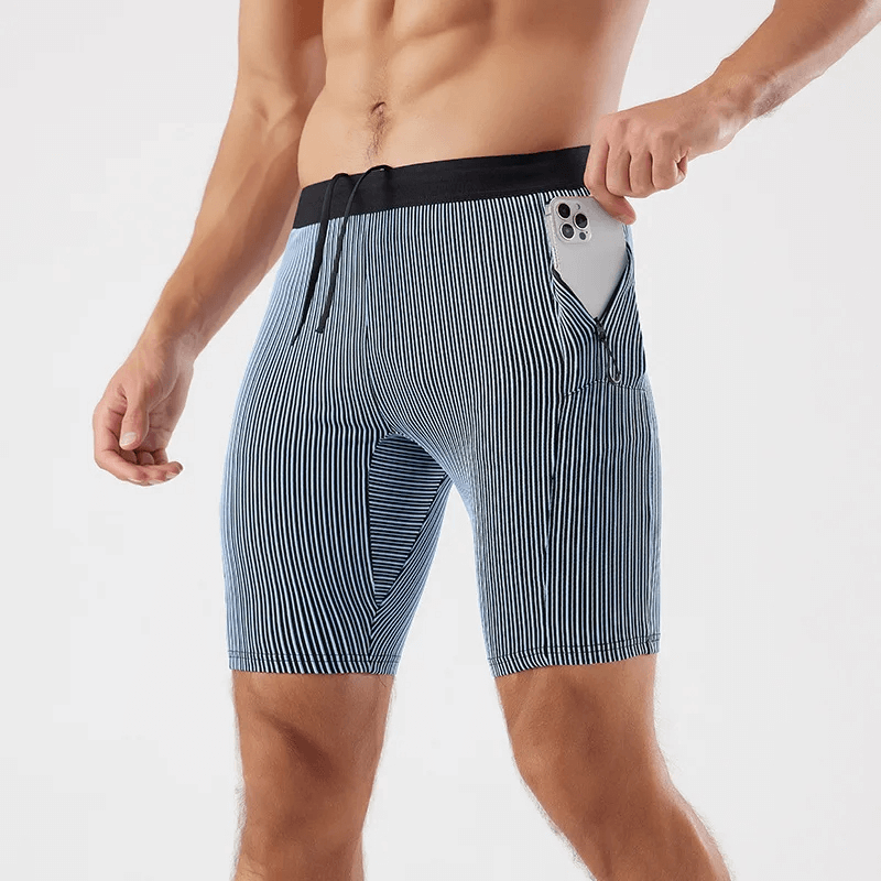 Men’s quick-dry striped swim trunks with pocket, water-resistant stylish blue swim shorts, perfect for the modern man.