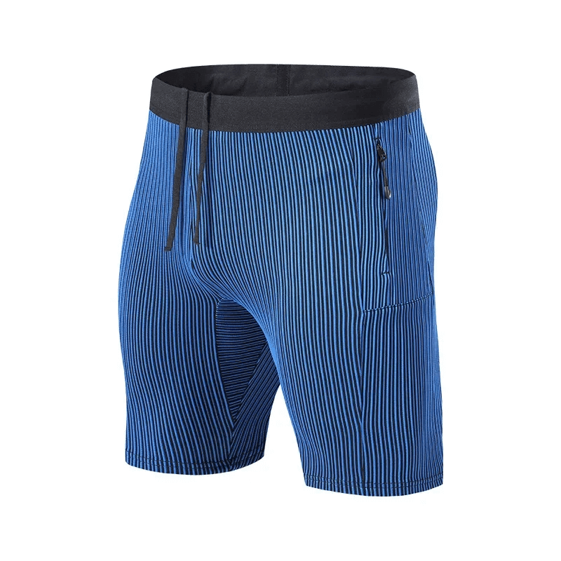 Men’s quick-dry striped swim trunks with pocket, featuring vibrant blue stripes and water-resistant fabric. Ideal for modern beach wear.