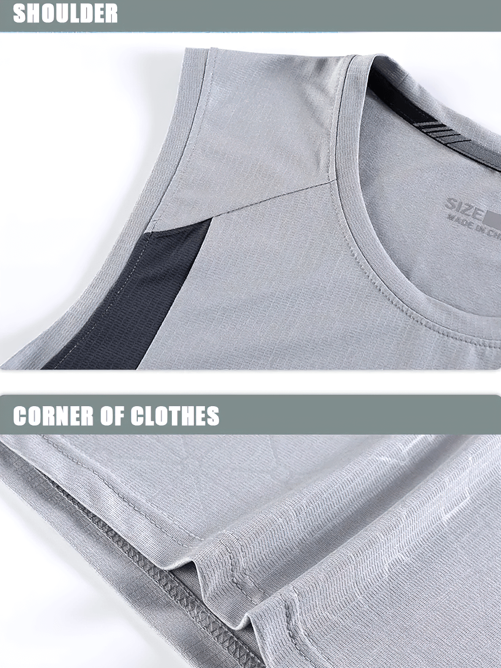 Men’s Sleeveless Fitness Tank Top for Gym Training - SF4166 showing shoulder and corner details in light gray fabric.