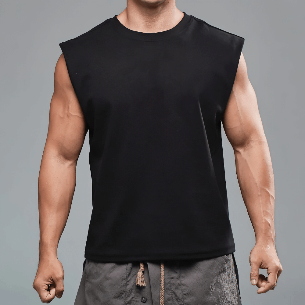 Men's sleeveless black sport t-shirt, slim fit for bodybuilding and training, featuring durable polyester and breathable design.