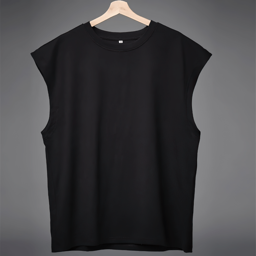 Men's sleeveless black sport t-shirt, slim fit for bodybuilding, on hanger. Ideal for gym or casual wear. SKU: SF2543