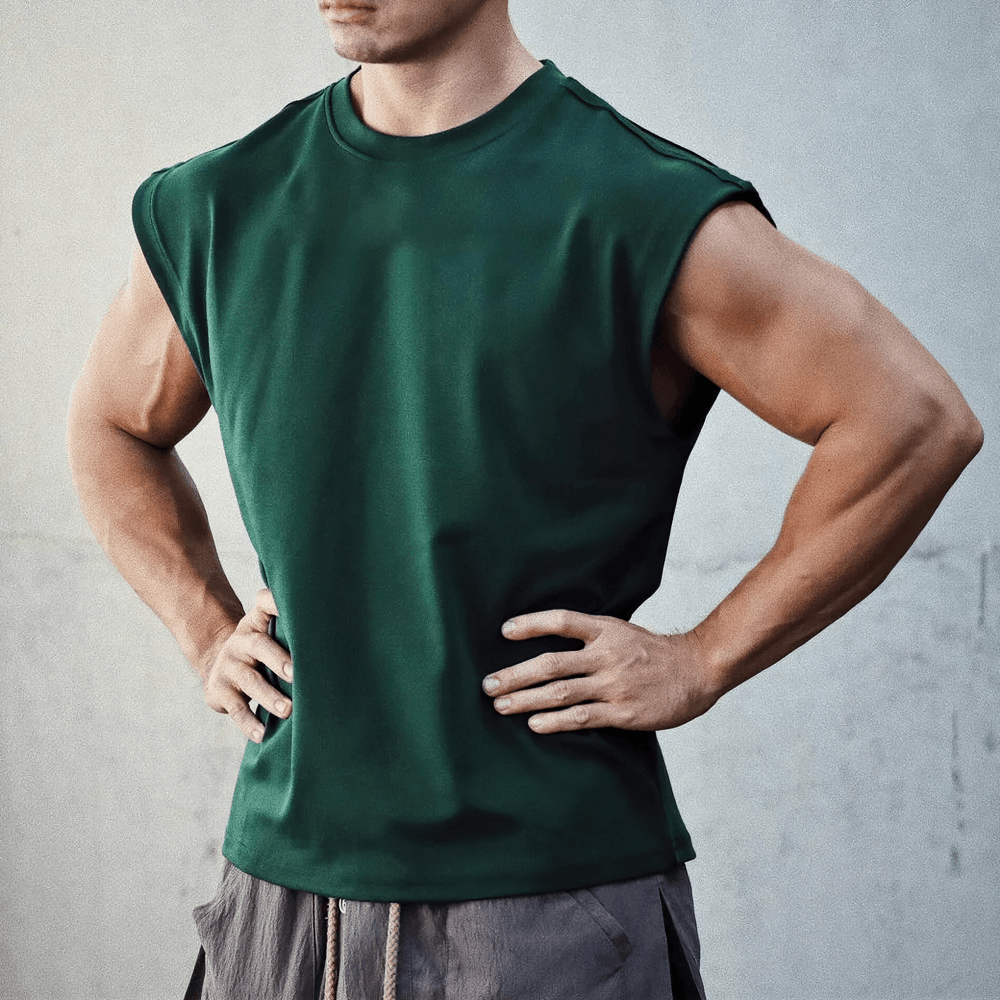 Men's green sleeveless sport t-shirt for training, slim fit bodybuilding wear, O-neck design, perfect for gym sessions or casual wear.