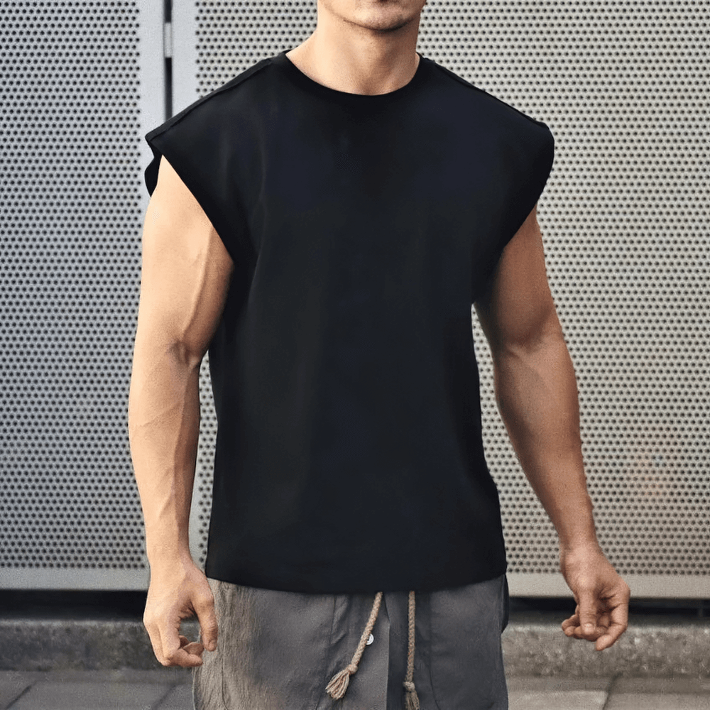 Man wearing a black sleeveless sport t-shirt for training, showcasing stylish and breathable design ideal for gym workouts.