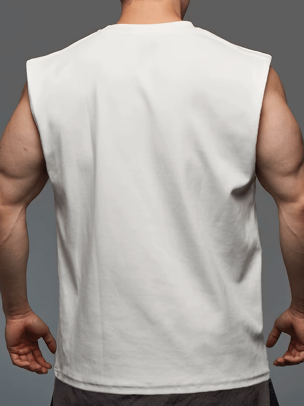 Back view of men's sleeveless sport t-shirt, white, showing slim fit and O-neck design ideal for bodybuilding and gym training.