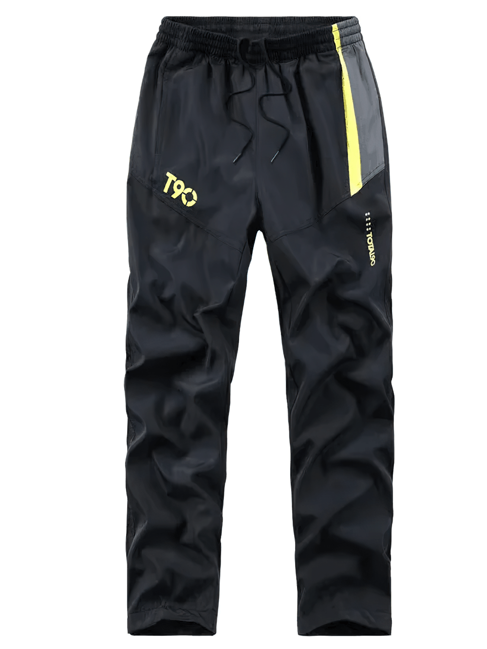 Men's black athletic track pants with yellow stripe from T90, featuring an elastic waistband for comfort during sports activities.