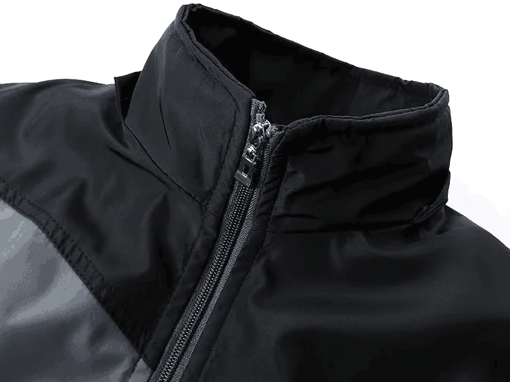 Men’s sports tracksuit zip-up jacket collar in breathable material for outdoor training, SF2290, black with bold design.