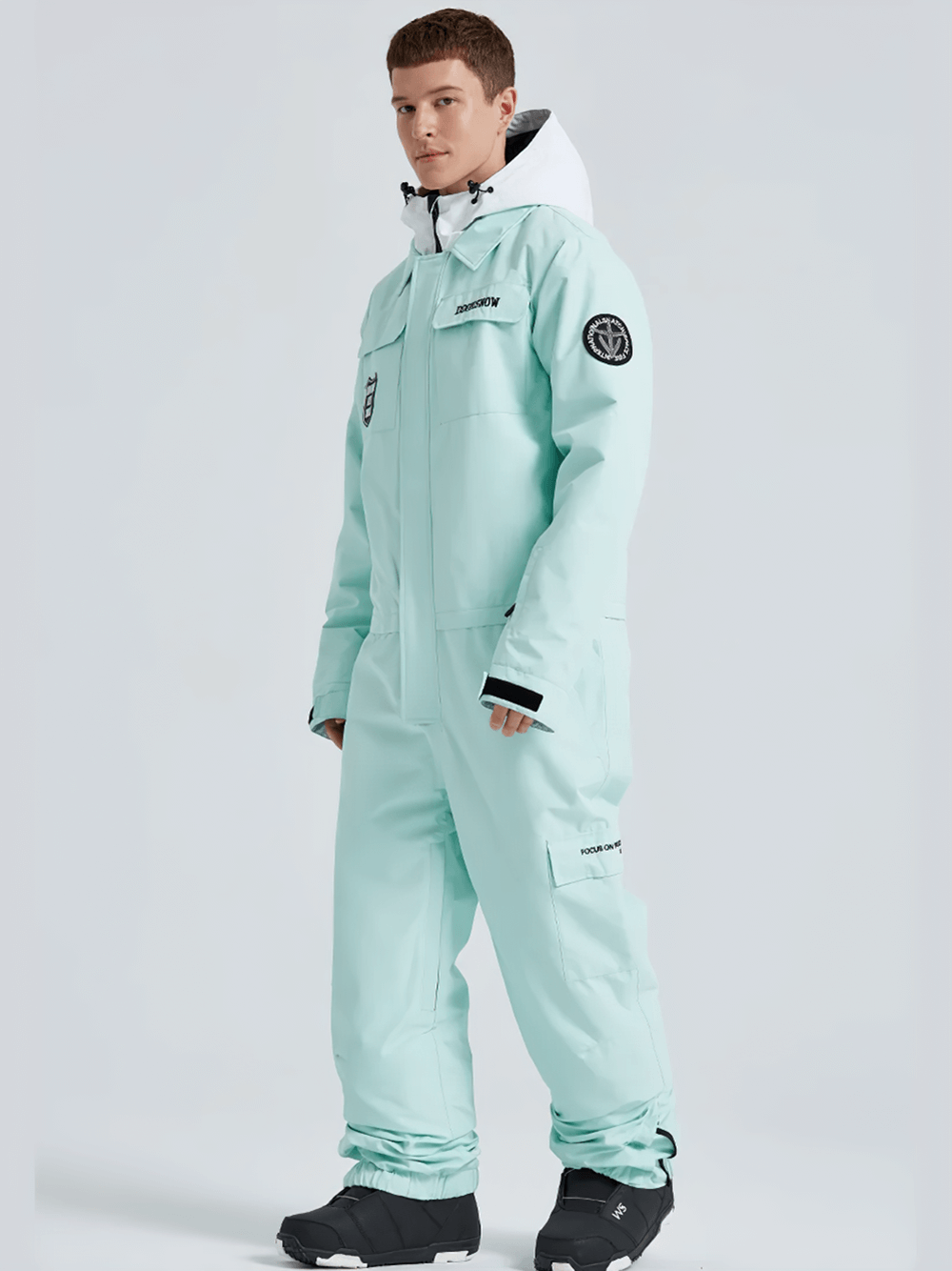 Mint green men's waterproof snowboard suit with hooded collar, insulated for winter adventures, model SF2486.