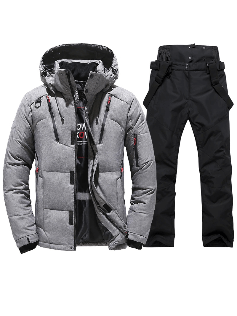 Men's windproof ski suit with gray hooded jacket and black pants, perfect for winter sports. Durable and breathable polyester material.