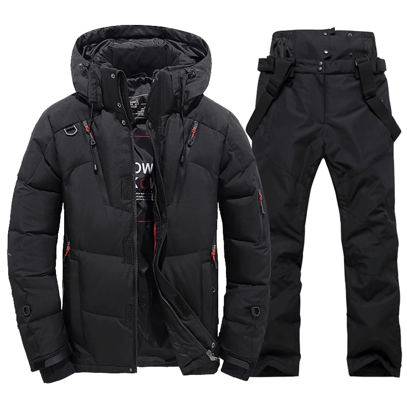 Men's Windproof Ski Suit SF2045: Black Hooded Jacket and Pants for Winter Sports