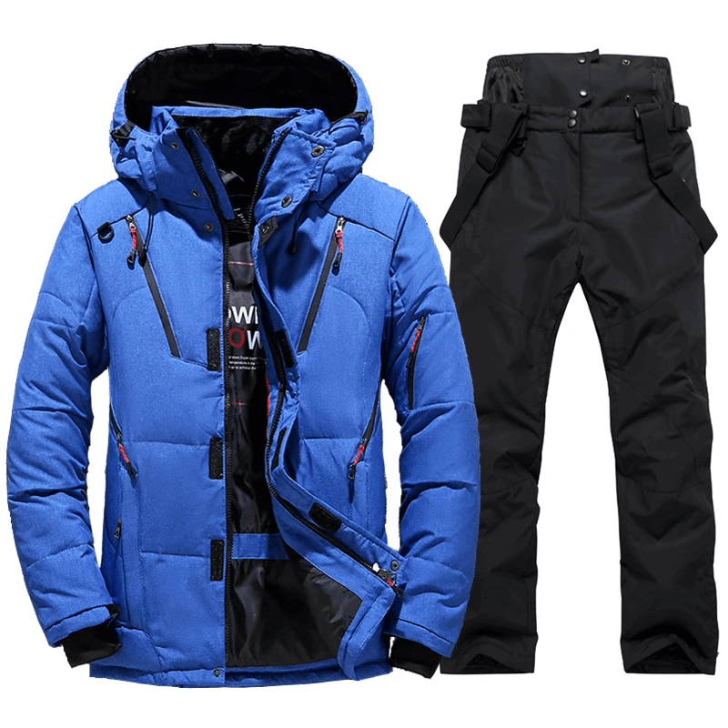 Men's Windproof Ski Suit SF2045: Blue Hooded Jacket and Black Pants for Optimal Performance on the Slopes.