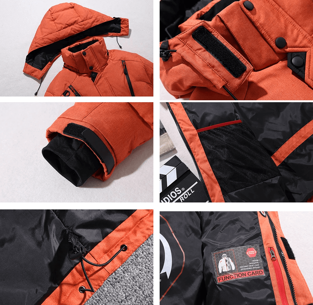 Close-up of the SF2045 men's ski suit showcasing windproof fabric, breathable design, and hooded jacket in orange.