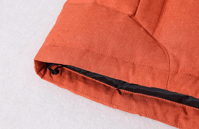 Close-up of the orange windproof hood on men's ski jacket SF2045, highlighting durable polyester and stylish stitching.