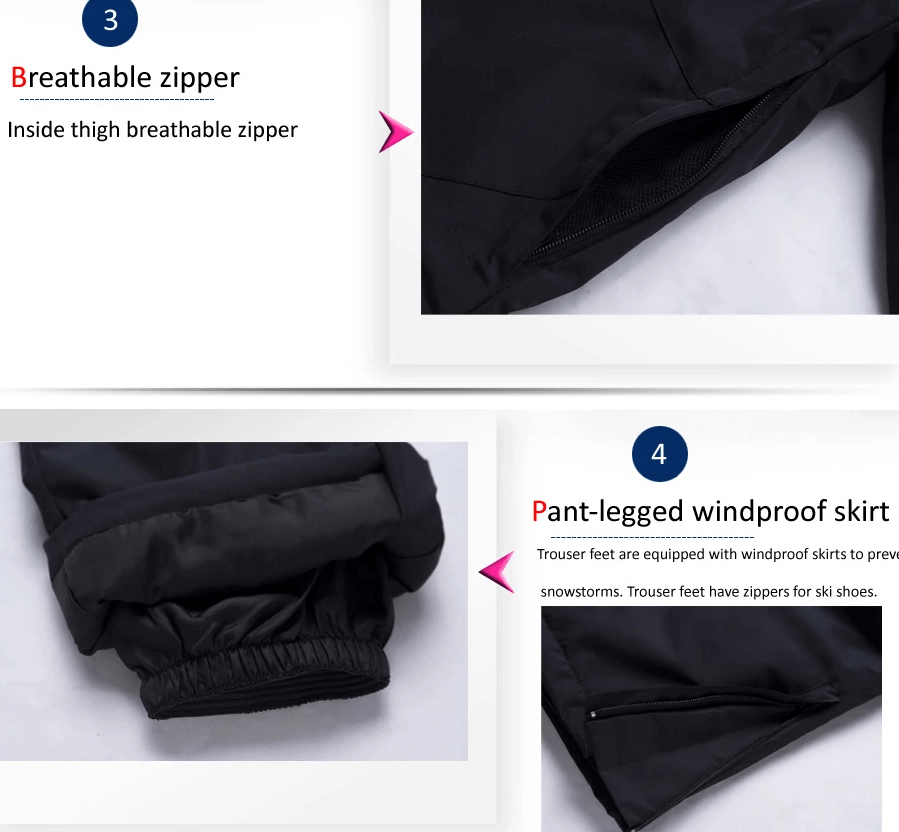 Close-up of men's ski suit features: breathable zipper and pant-legged windproof skirt for added comfort and protection.