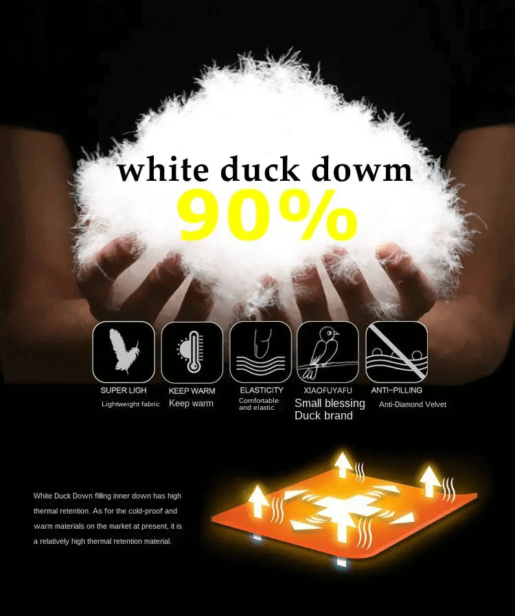 Hands holding 90% white duck down highlighting its lightweight, warmth, and elasticity qualities.