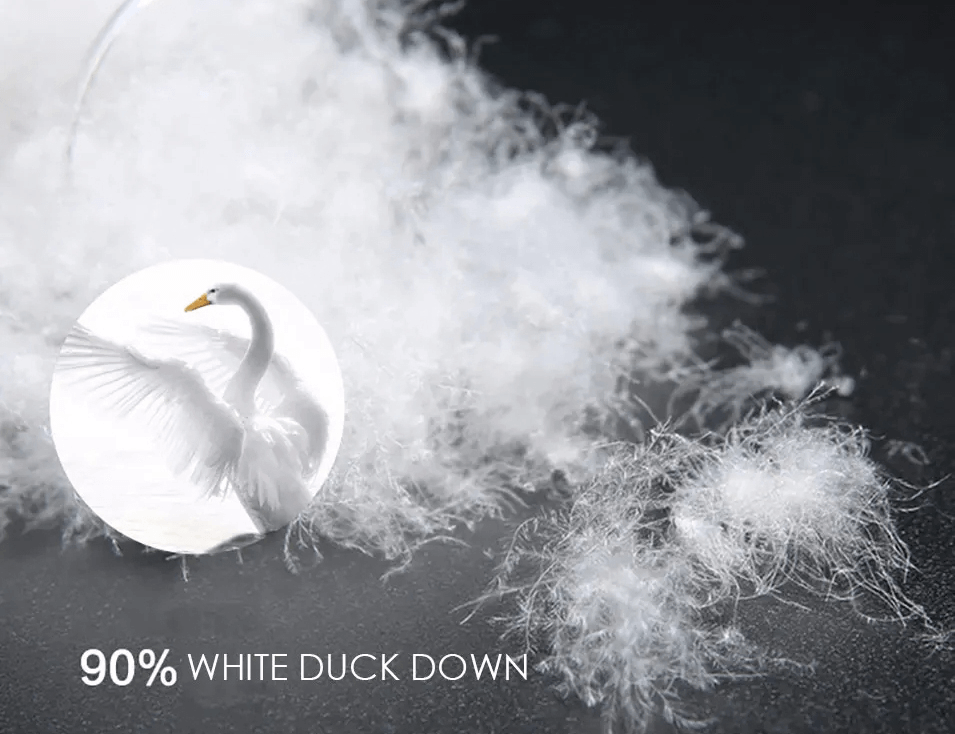Close-up of fluffy white duck down with a swan image, highlighting 90% white duck down for warmth in ski suits.