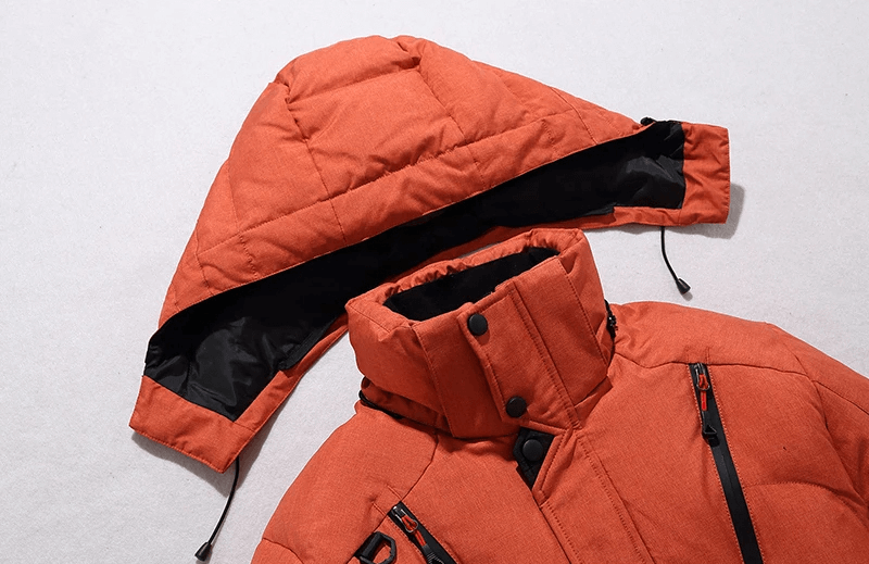 Orange hooded windproof ski jacket from Men's SF2045 Ski Suit, close-up showing breathable fabric and detachable hood.