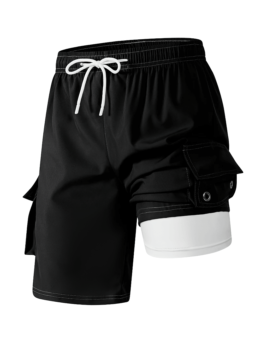 Alt Tag: Men's 2-in-1 Beach Shorts with Side Flap Pockets - SF4496 black swim shorts with white drawstring and built-in liner