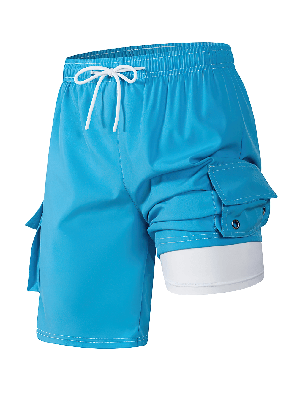 Alt Tag: Men's 2-in-1 Beach Shorts with Side Flap Pockets - SF4496 in bright blue with drawstring waist and flap cargo pocket