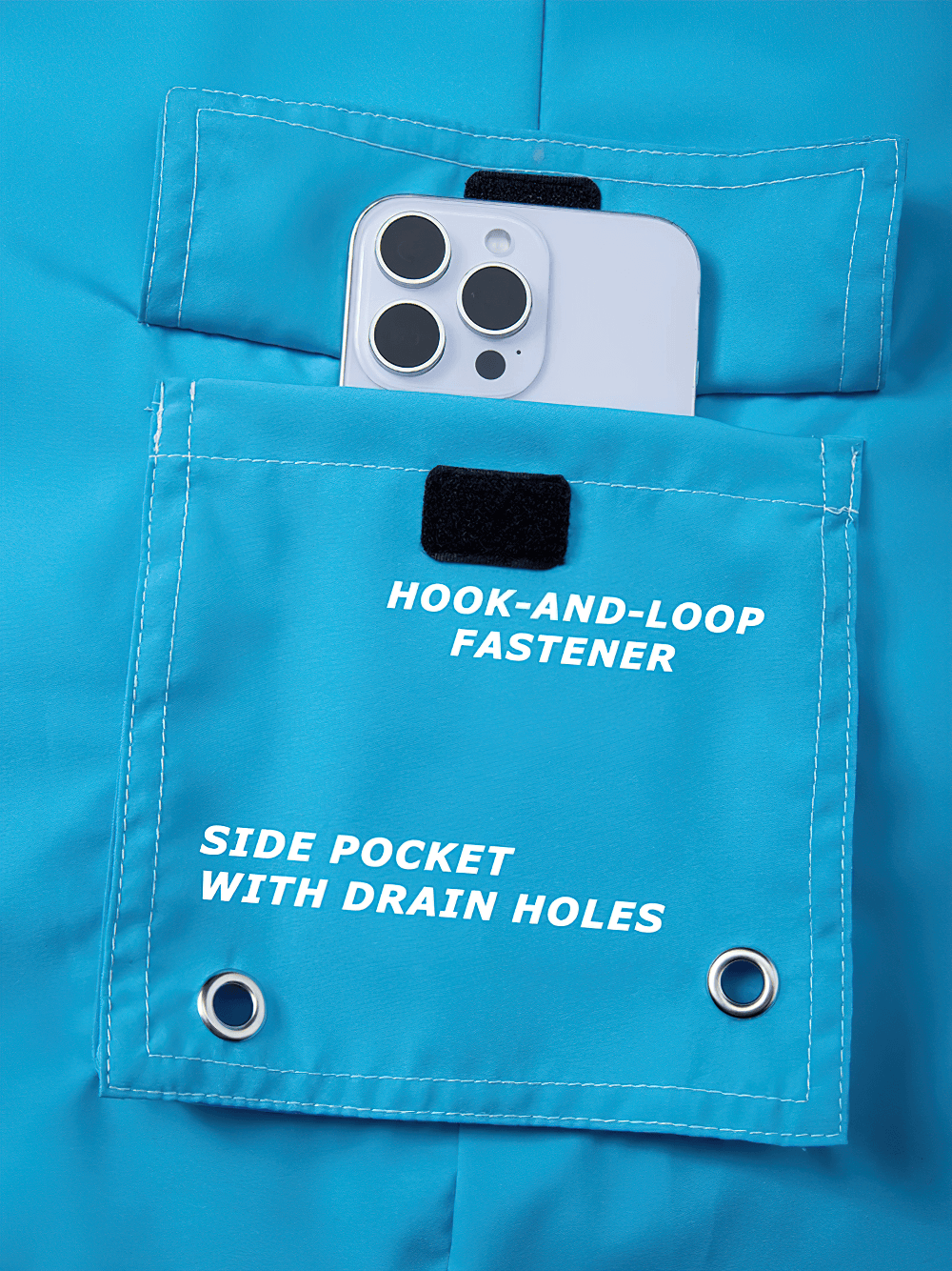 Alt Tag: Men's 2-in-1 Beach Shorts with Side Flap Pockets - SF4496 side flap pocket with hook-and-loop fastener and drain holes holding phone