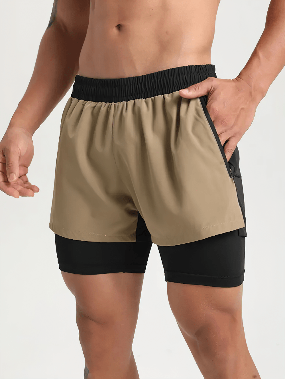 Alt Tag: Men's 2-in-1 Quick-Dry Fitness and Beach Shorts - SF4469 tan double-layer shorts with black liner, elastic waist, zip pocket