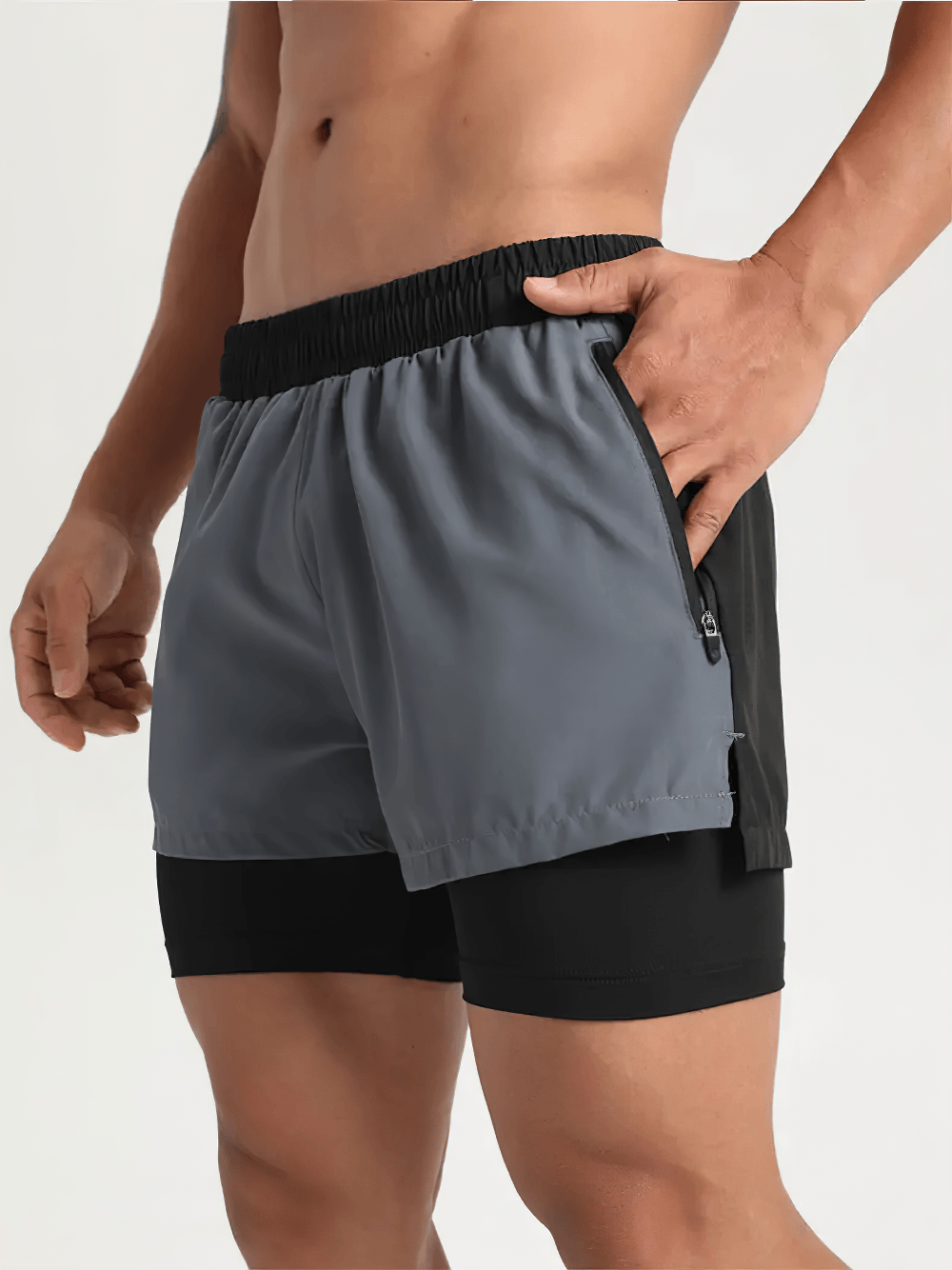 Alt Tag: Men's 2-in-1 Quick-Dry Fitness and Beach Shorts - SF4469 gray double-layer shorts with zip pocket and elastic waistband