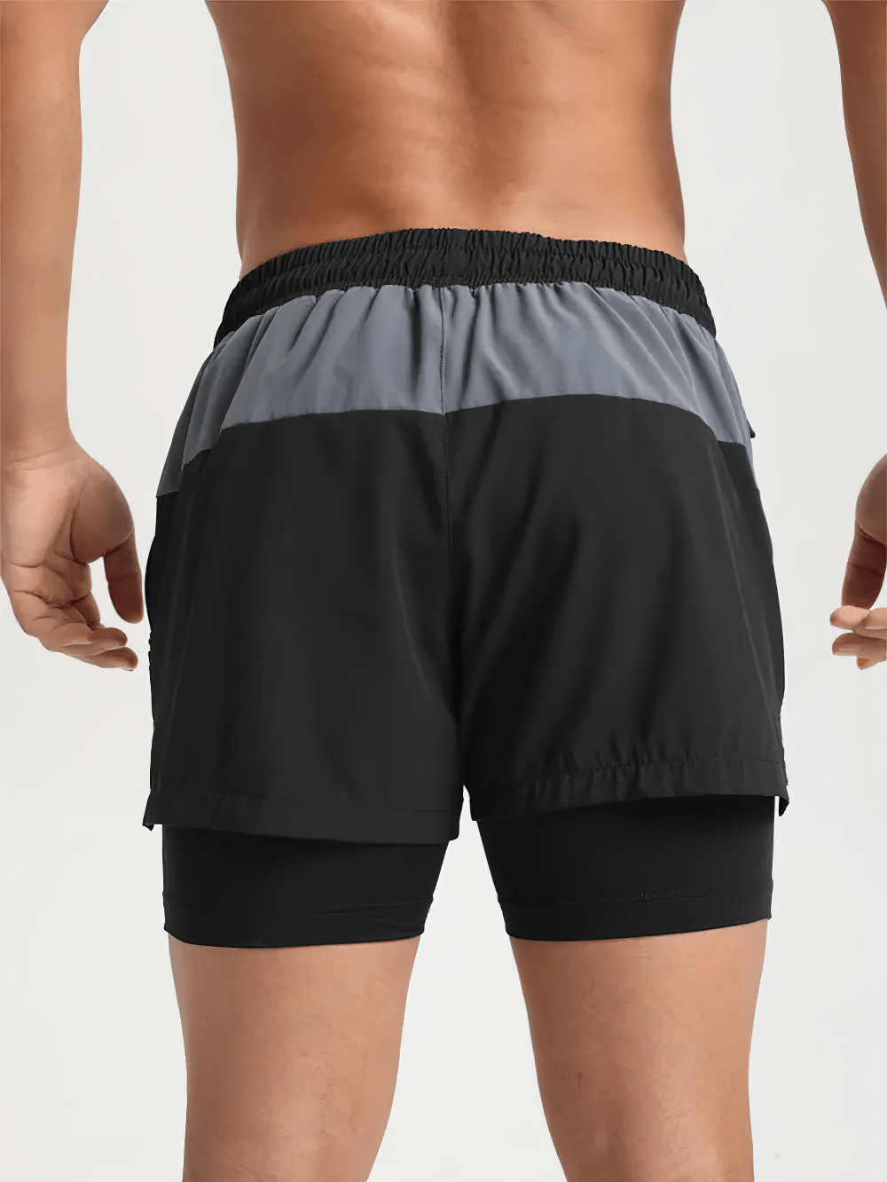 Alt Tag: Men's 2-in-1 Quick-Dry Fitness and Beach Shorts - SF4469 back view double-layer quick-dry shorts with fitted inner liner