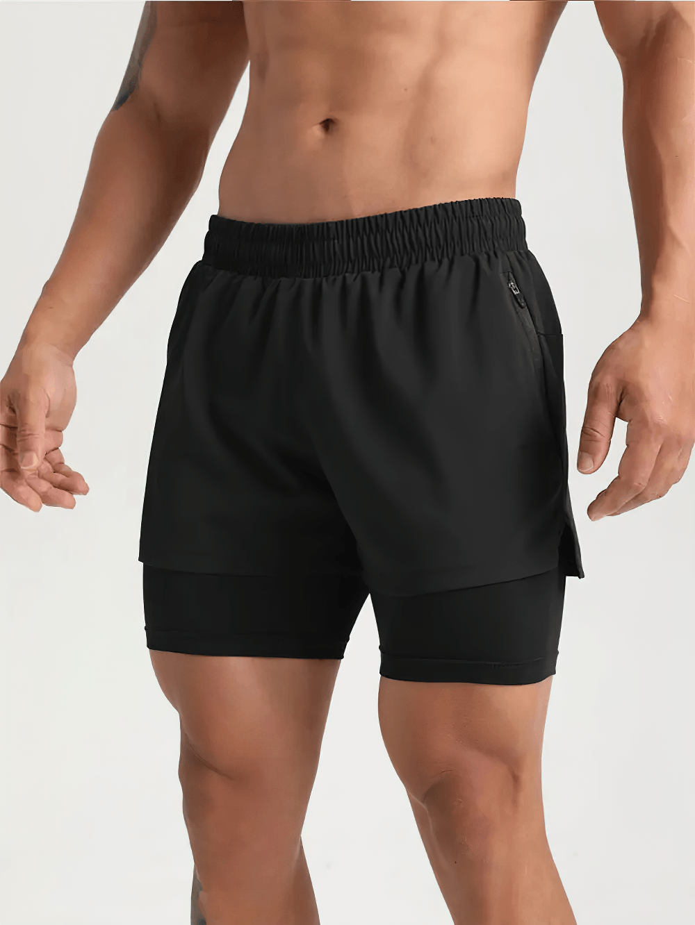 Alt Tag: Men's 2-in-1 Quick-Dry Fitness and Beach Shorts - SF4469 black double-layer training shorts with zip pocket and elastic waist