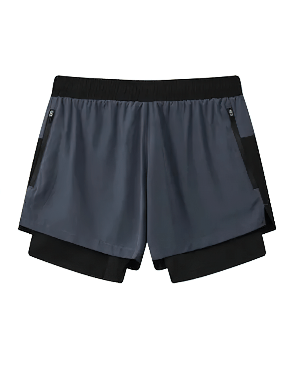 Alt Tag: Men's 2-in-1 Quick-Dry Fitness and Beach Shorts - SF4469 gray double-layer shorts with elastic waist and zip pockets, front view