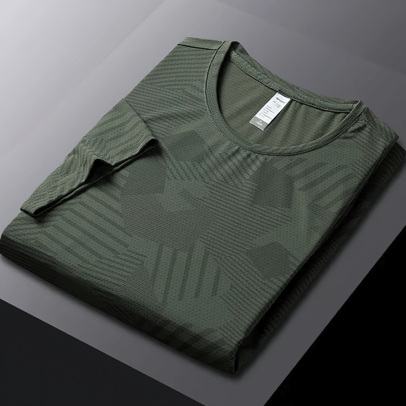 Men's green active dry-fit crew neck patterned t-shirt folded; moisture-wicking fabric, ideal for active lifestyle.