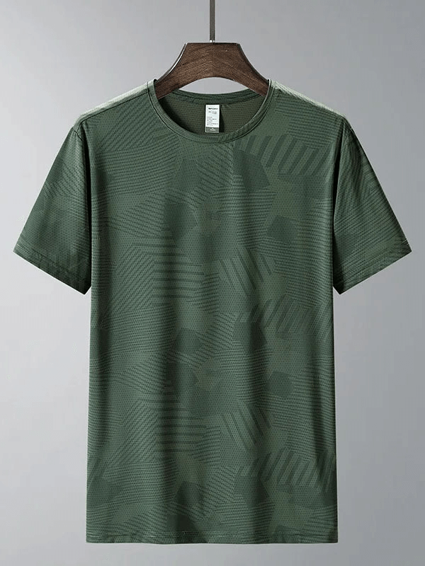 Men's active dry-fit crew neck patterned t-shirt in green on hanger, featuring moisture-wicking polyester and short sleeves, SF1986