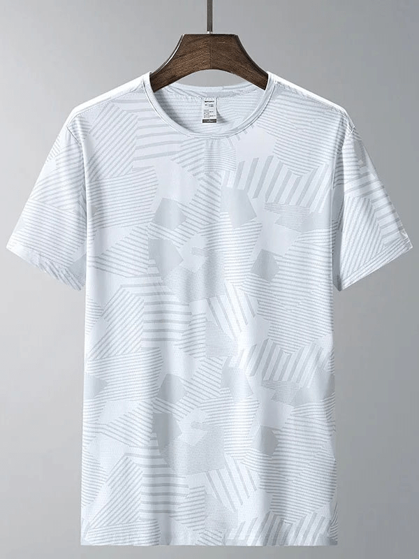 Men's Active Dry-Fit Crew Neck Patterned T-Shirt SF1986 in white with geometric design, short sleeves, moisture-wicking polyester.