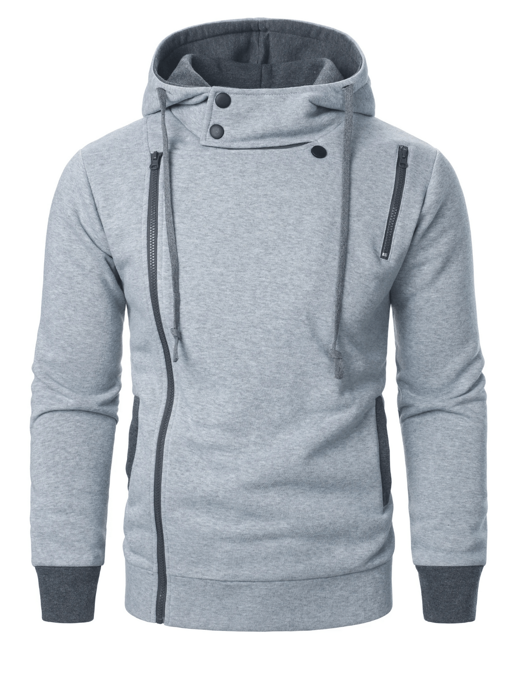 Men's Asymmetrical Zip Hoodie with Snap Collar - SF4720 in grey with diagonal zipper detail and high snap collar.