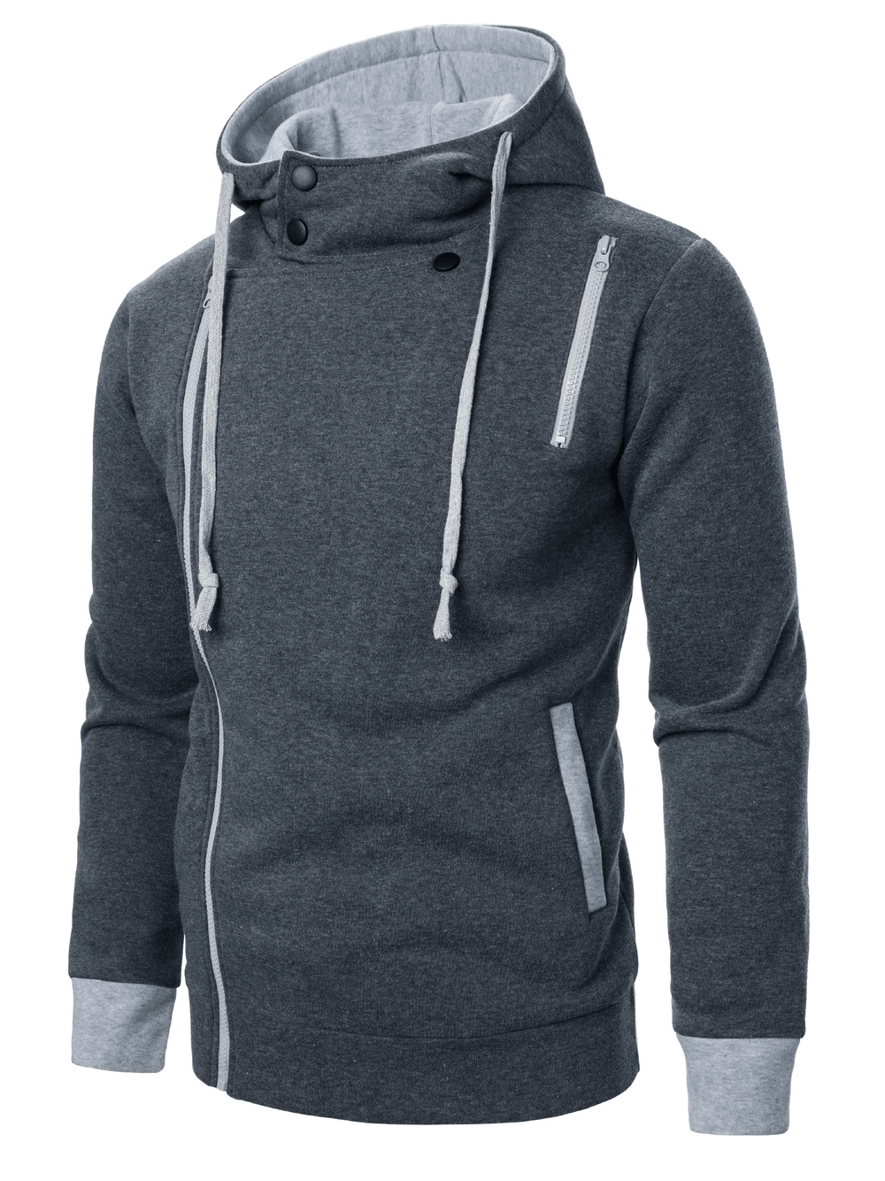 Men's Asymmetrical Zip Hoodie with Snap Collar - SF4720 in grey with diagonal zipper detail for urban style.