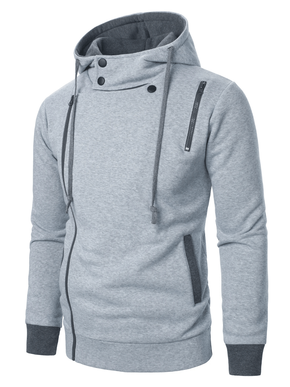 Men's Asymmetrical Zip Hoodie with Snap Collar - SF4720 in grey, featuring diagonal zipper and high snap collar.