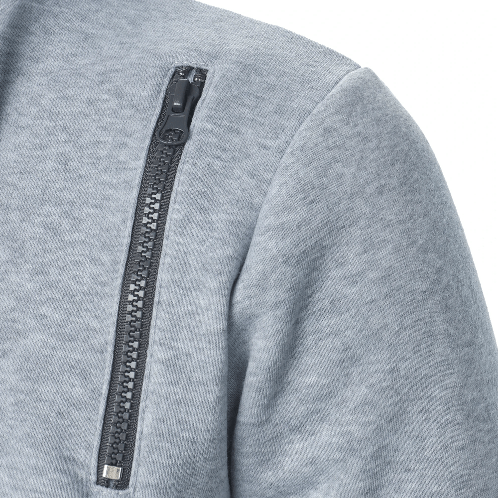 Men's Asymmetrical Zip Hoodie with Snap Collar - SF4720 showing diagonal zipper detail on a grey pullover hoodie.