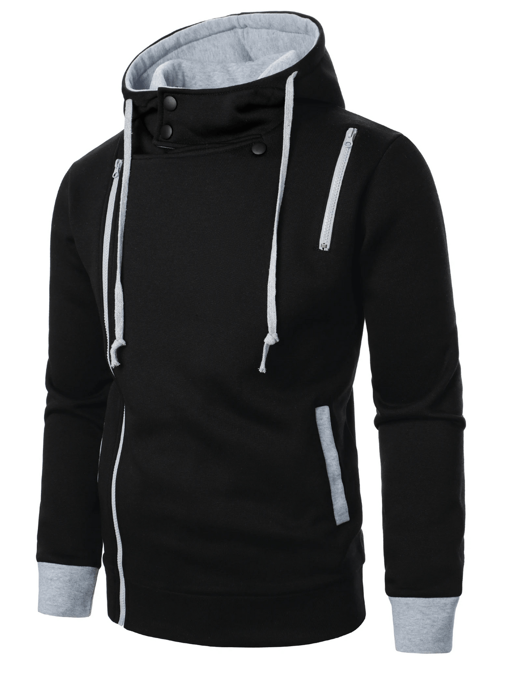 Men's Asymmetrical Zip Hoodie with Snap Collar - SF4720 in black with high snap collar and diagonal zipper details.